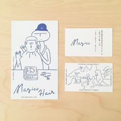 two postcards, one with a drawing of a man sitting at a table and the other has writing on it