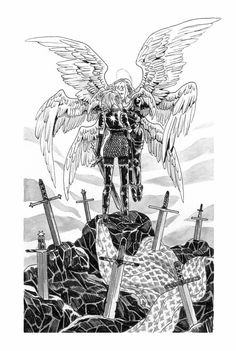 a drawing of an angel standing on top of a rock with swords in front of it