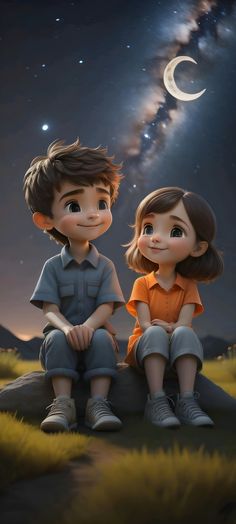 two children sitting on a rock looking at the stars