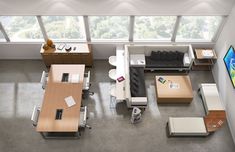 an overhead view of a living room and office space