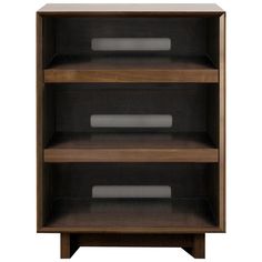 a wooden shelf with three shelves on each side