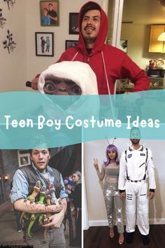 some people are dressed up in costumes and posing for the camera with text overlay that reads, teen boy costume ideas