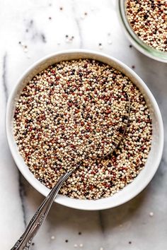 two bowls filled with different kinds of seeds