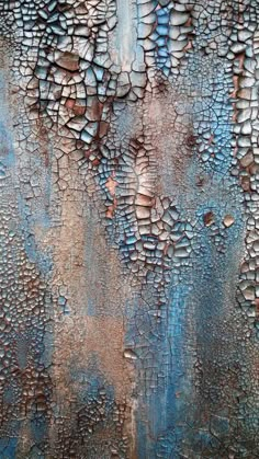 an abstract painting with blue, brown and white paint on the outside of it's surface