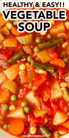 a white bowl filled with vegetable soup and the words healthy & easy vegetable soup above it