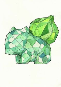 a drawing of two green rocks made out of triangles and shapes that appear to be polychromatic