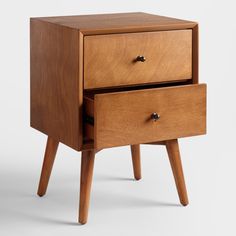 a wooden nightstand with two drawers on one side and an open drawer on the other