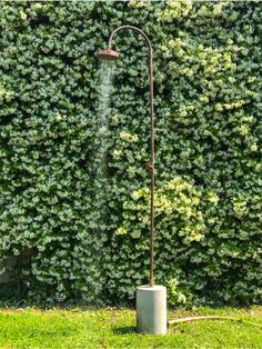 a water sprinkler in front of a green wall with shrubbery behind it