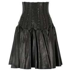 This documented 2008 Autumn/Winter collection skirt is by the renowned French couturier Azzedine Alaia shortly after he bought back his company from Prada in 2007. Made of black lambs leather, the skirt features a high waisted, corset style section, complete with boning effect and lace up back. The complex design features panels of vertical, tightly seamed sections alternating with sections of horizontal mini pleats. The lower skirt has unusual panier style shaping from around the hip down, crea Luxury Leather Flared Skirt, Corset Skirt High Waisted, Complex Design, Corset Skirt, Autumn Winter Collection, Azzedine Alaia, Europe Fashion, Leather Corset, Corset Style