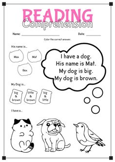 the reading worksheet for children with pictures of dogs and birds, including a thought bubble