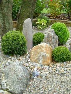 a rock garden with trees and rocks in the middle, surrounded by graveled stones