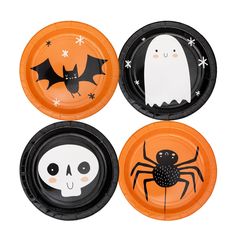 three halloween plates with black and orange designs on them, one has a ghost, the other is a spider