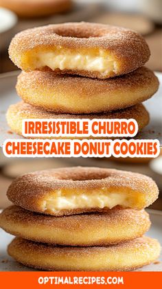 there are three donuts stacked on top of each other with the words irresistiblely churro cheesecake donut cookies