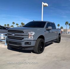 a gray truck parked in a parking lot next to other cars and palm trees on a sunny day