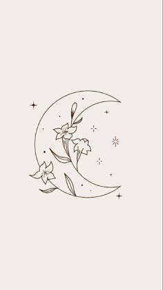 the moon with flowers on it and stars in the night sky behind it, drawn by hand