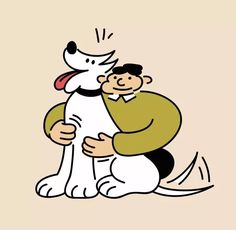 a man hugging a dog with his mouth open and tongue out on the other side