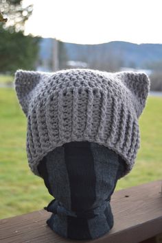 a knitted hat with ears is sitting on a wooden bench in front of a grassy field