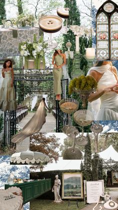 a collage of photos with women dressed in wedding gowns and dresses on display