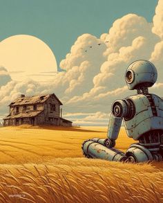 a robot sitting in the middle of a wheat field with a house in the background