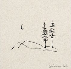 a drawing of two trees on a hill with a half moon in the sky