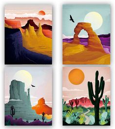 four paintings of desert scenes with birds flying over them