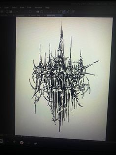 a computer screen with a drawing of a castle on it's back drop down