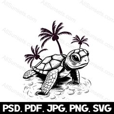 a black and white drawing of a turtle on the beach with palm trees in the background