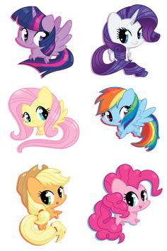 many different types of ponys are shown in this image, including pinkie and rainbow