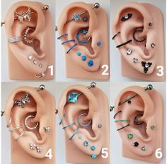 there are many different types of ear piercings in the picture, each with an individual's own design