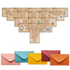 an assortment of envelopes with different designs and colors, including one for each letter