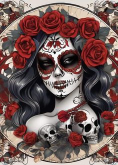 a woman with red roses in her hair and skull makeup, holding two skulls on her chest