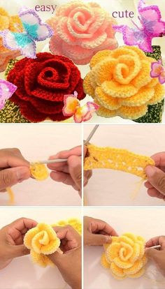 crocheted flowers are being made with yarn