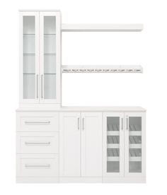 a white cabinet with glass doors and shelves on the top, next to an empty shelf