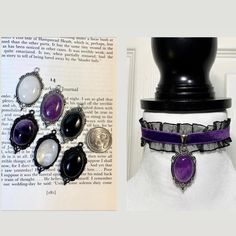 Embrace the allure of the Romantic Goth aesthetic with our exquisite Ruffled Lace Choker.  This elegant piece features a delicate 1-inch wide black lace, beautifully complemented by a 1/4 inch purple ribbon running the length of the choker, adding a touch of dramatic contrast. Choose from four stunning pendant options to match your unique style: Black Agate with a Black Pendant Black Agate with a Silver Pendant White Quartz with a Black Pendant White Quartz with a Silver Pendant Amethyst with a Silver Pendant Amethyst with a Black Pendant Each pendant option is carefully crafted to enhance the romantic and gothic charm of the choker, making it a versatile accessory for any occasion. Whether you're dressing up for a special event or adding a touch of gothic elegance to your everyday wear, o Romantic Goth Aesthetic, Gothic Elegance, Accessories Inspiration, Lace Choker, Nickel Free Jewelry, Romantic Goth, Velvet Choker, Purple Ribbon, Goth Aesthetic