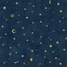 the night sky is full of stars and moon's in the dark blue background