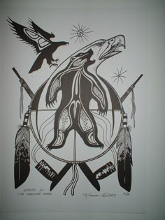 a drawing of an eagle and two arrows