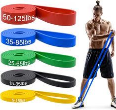 a man holding a pair of resistance bands with different colors and sizes for each band