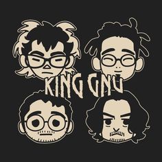 three men with glasses and the words king on them are drawn in white ink over black background