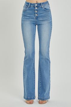 Achieve a flattering look with these button fly jeans, featuring a vintage touch for a stylish, versatile option that can be dressed up or down comfortably all day long. wardrobe staple. Stretch: Slightly stretchy Material composition: 90.5% cotton, 7.5% polyester, 2% spandex Size Waist Hip Inseam Rise 0(24) 24 30 33 10.5 1(25) 25 31 33 10.5 3(26) 26 32 33 10.5 5(27) 27 33 33 11.5 7(28) 28 34 33 11.5 9(29) 29 35 33 11.5 11(30) 30 36 33 12.5 13(31) 31 37 33 12.5 15(32) 32 38 33 12.5 High Rise Bootcut Jeans, Trendy Jeans, Cardigan Crop, Timeless Wardrobe Staples, Chic Blouses, Simple Tees, Jeans Bootcut, Button Fly Jeans, Basic Style