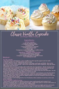 the recipe for classic vanilla cupcakes is shown