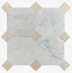 white and beige marble tile with hexagonal design on the bottom, in an octagonal pattern