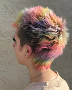 Short Hair Multi Color, Vivid Color Mullet, Crazy Hair Colors For Short Hair, Hair Dye Rainbow, Really Short Mullet, Short Colored Hair Ideas, Mohawk With Bangs