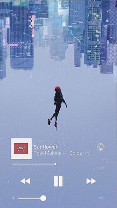 an image of a person floating in the air with headphones on and buildings in the background