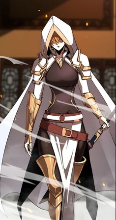 an anime character is dressed in armor and holding two swords, with one hand on her hip