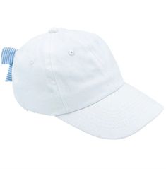 a white hat with a blue stripe on the side and a bow at the peak