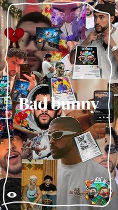 a collage of photos with the caption bad bunny on it's side