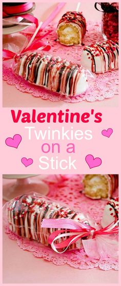 valentine's twinkies on a stick are sitting on a pink doily