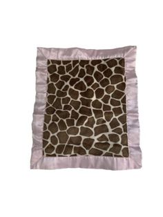 a giraffe print blanket is shown on a white background with pink satin trim