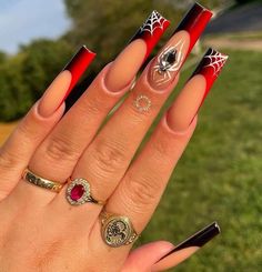 Bougie Halloween Nails, Halloween Theme Nails Acrylic, Jewel Spider Nails, Xl Halloween Nails, Nail Inspo Acrylic Coffin, Hot Halloween Nails, Black And Red Halloween Nail Designs, Holloween Nails Designs, Red Halloween Nails Acrylic