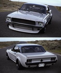 two pictures of the front and side of a white mustang